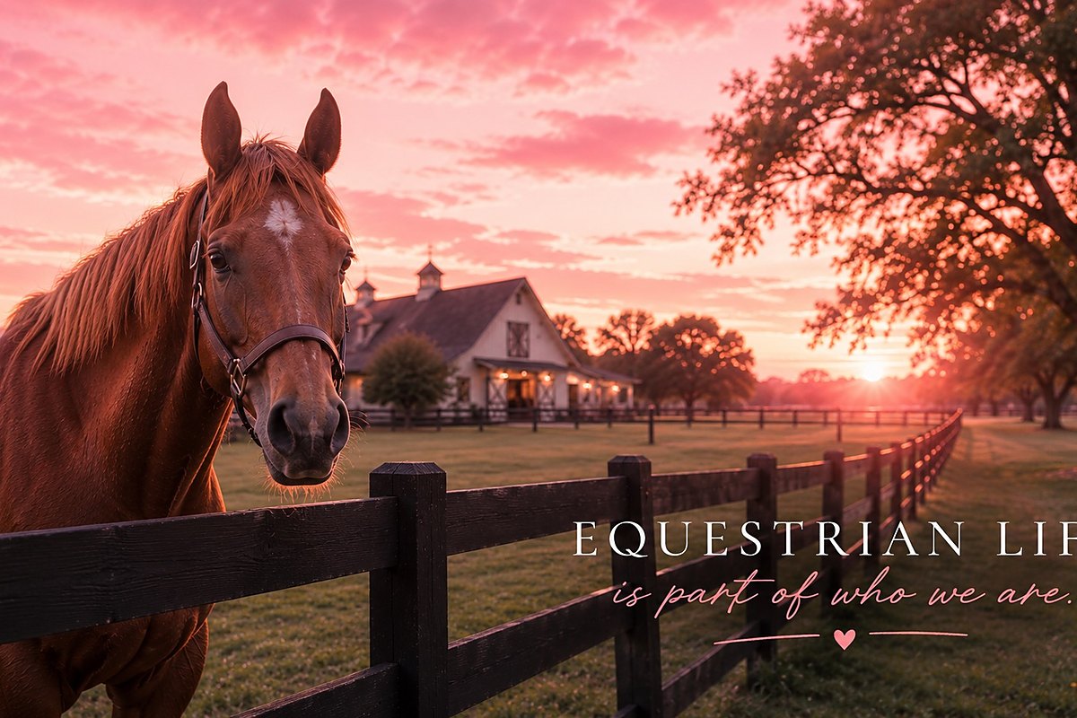 Chestnut horse at a black fence with a white barn and pasture at sunset near Burleson, Texas