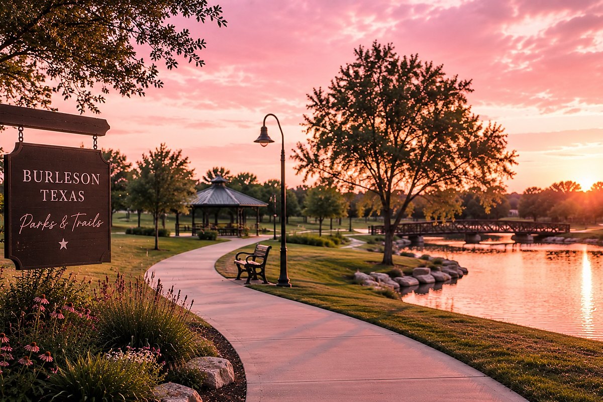Burleson, Texas parks and trails sign beside a lakeside walking path at sunset