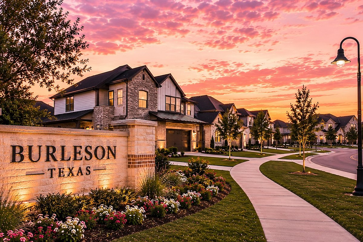 Burleson, Texas stone entry monument at sunset with a new neighborhood behind it