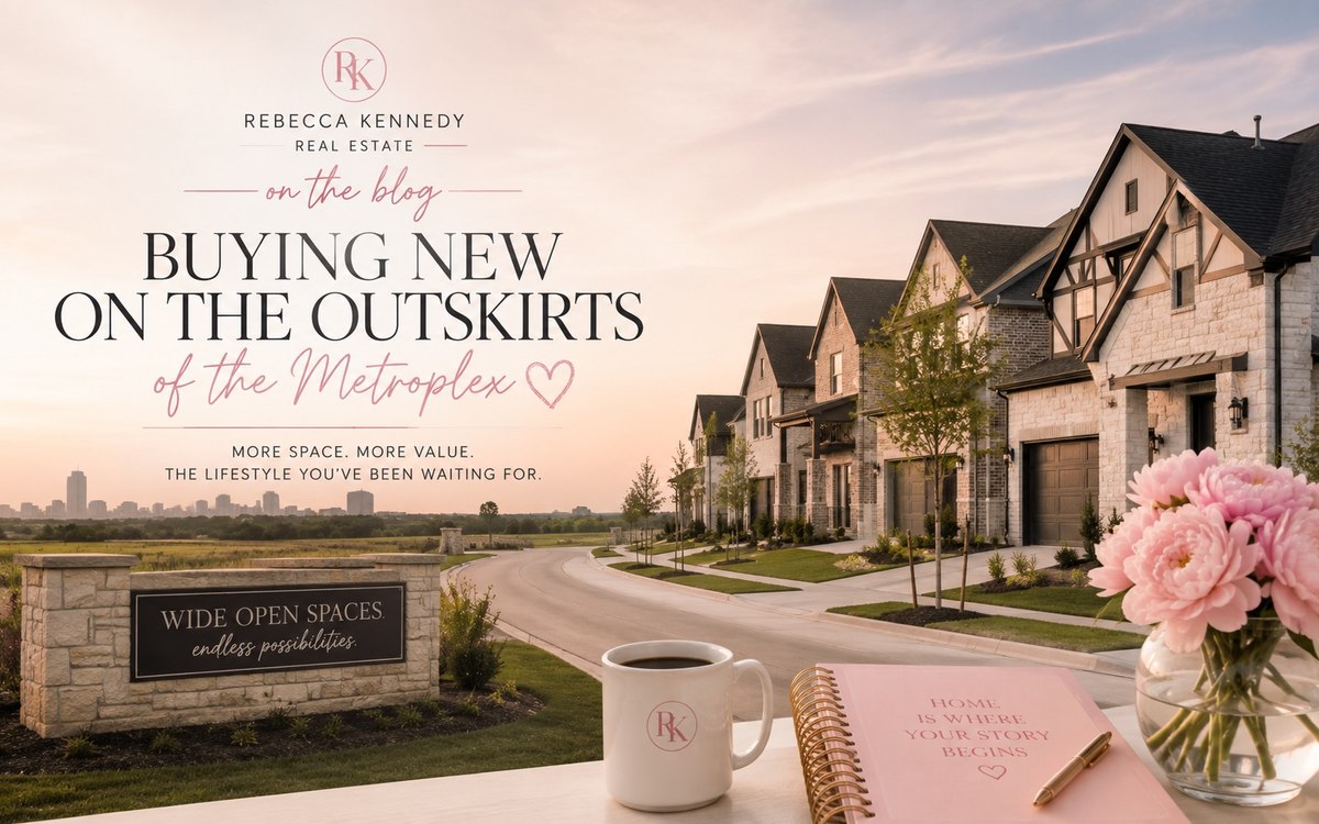 A new home community at sunset on the edge of the Dallas-Fort Worth Metroplex, with a stone entry monument reading Wide Open Spaces and the Fort Worth skyline in the distance.