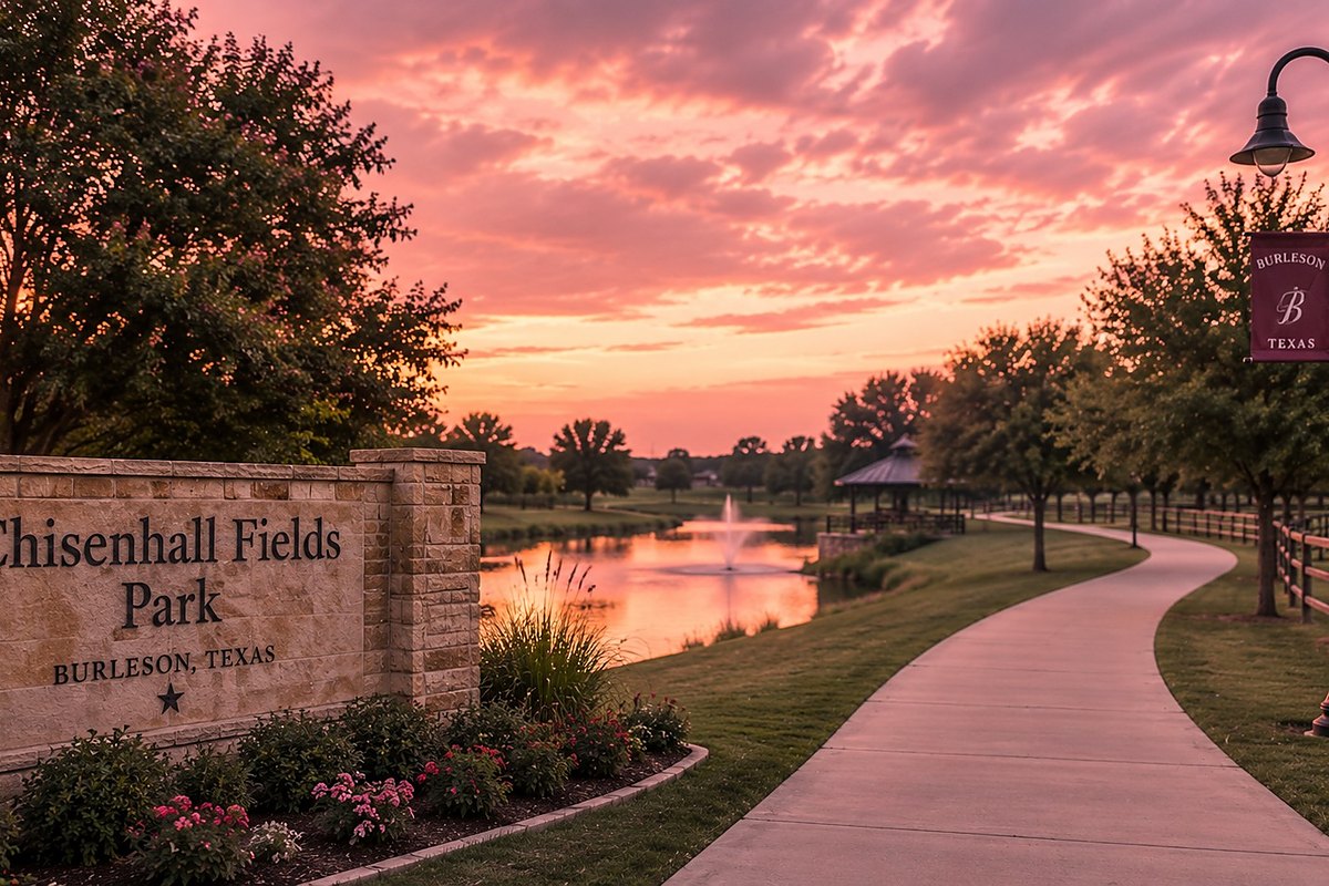 Chisenhall Fields Park sign in Burleson, Texas beside a pond and fountain at sunset