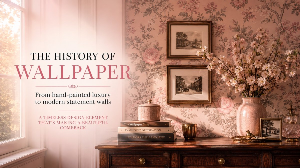 A sunlit room papered in a pink floral pattern with framed prints and antique books, titled “The History of Wallpaper.”