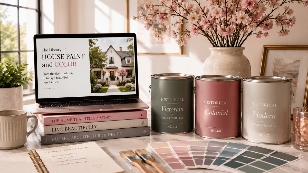 Three paint cans labeled Victorian, Colonial and Modern on a marble counter with fanned paint chips and a laptop reading “The History of House Paint and Color.”