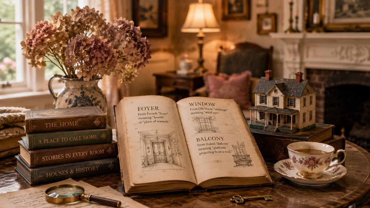 An open etymology book on a parlor table showing the origins of the words foyer, window and balcony, beside a dollhouse and a teacup.