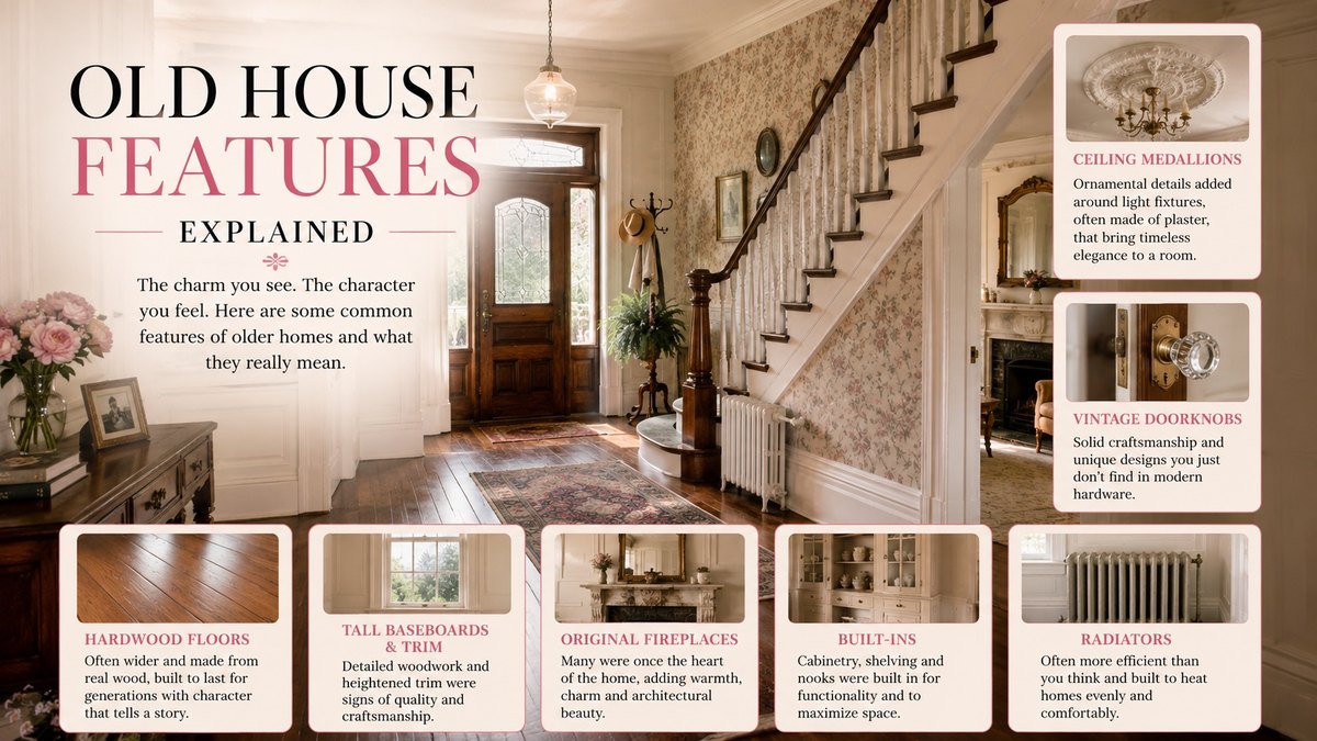 An older home’s entry hall with a wood staircase and radiator, surrounded by labeled details — ceiling medallions, vintage doorknobs, hardwood floors, tall baseboards, original fireplaces, built-ins and radiators.