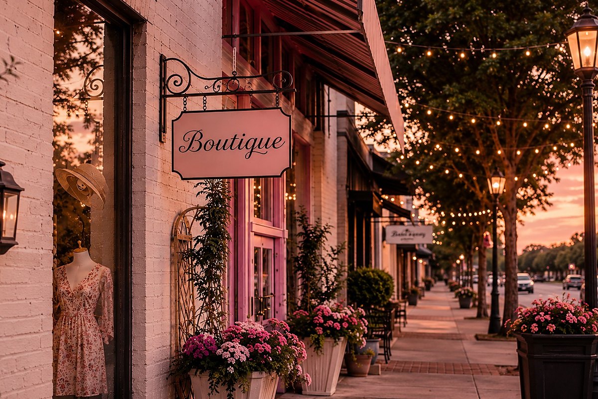 Boutique storefront with flowers and string lights on an Old Town Burleson sidewalk at sunset