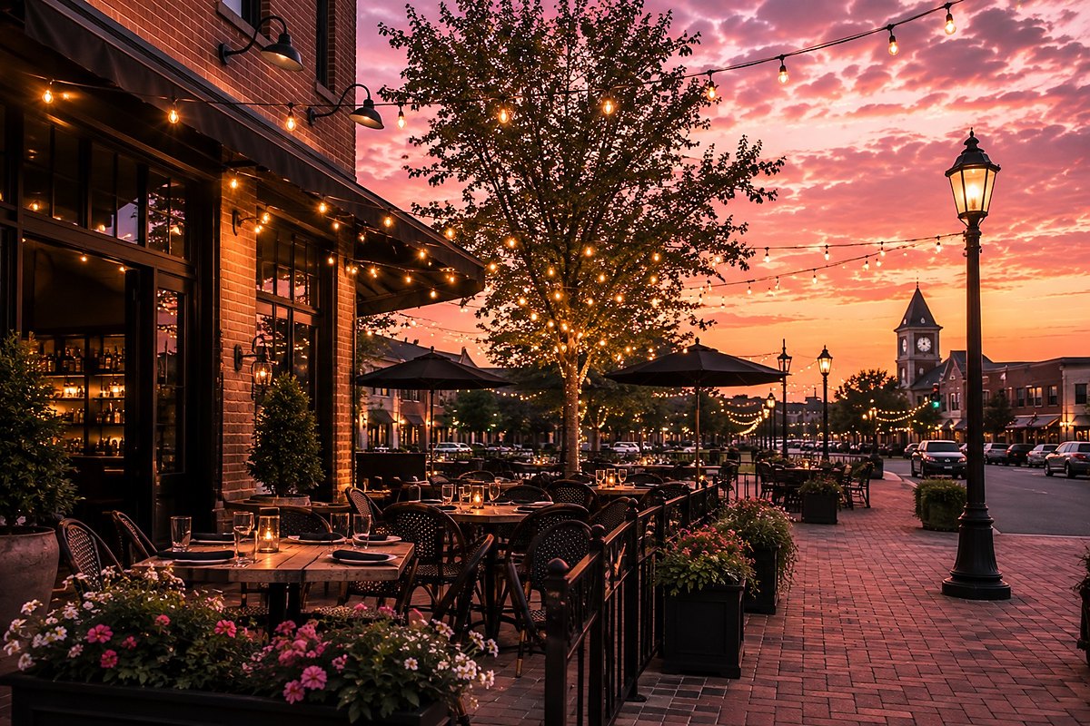 Patio dining under string lights in Old Town Burleson, Texas at sunset