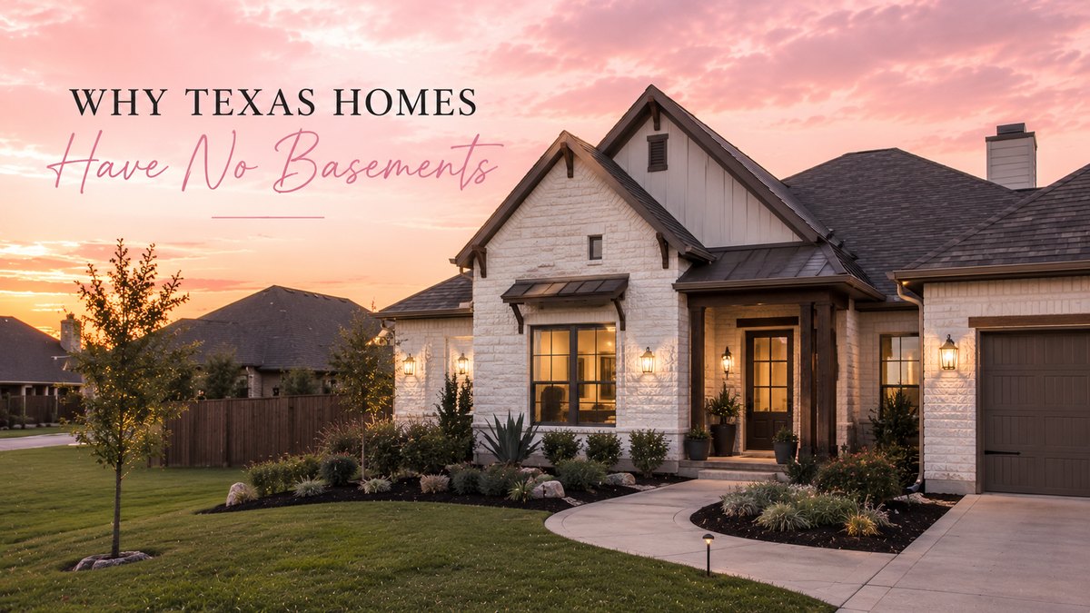 A new stone-and-board-and-batten Texas home on a slab foundation at sunset, with the title “Why Texas Homes Have No Basements.”